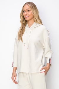 Khloe Knit Crepe Hoodie Top with Contrast Stripes