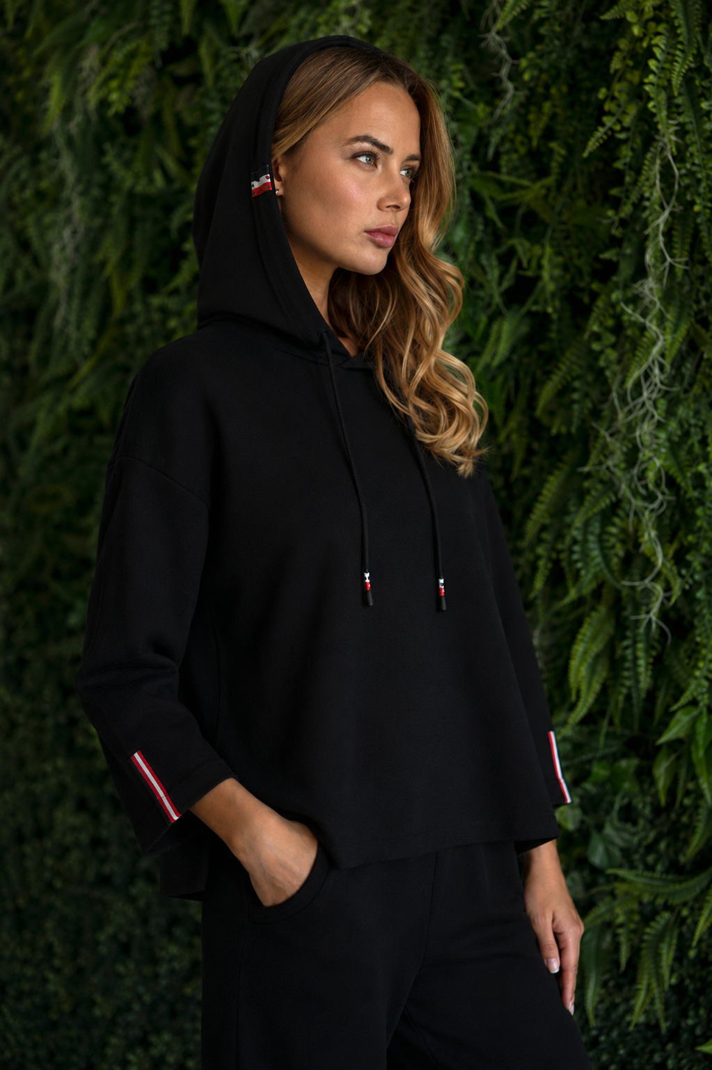 Khloe Knit Crepe Hoodie Top with Contrast Stripes