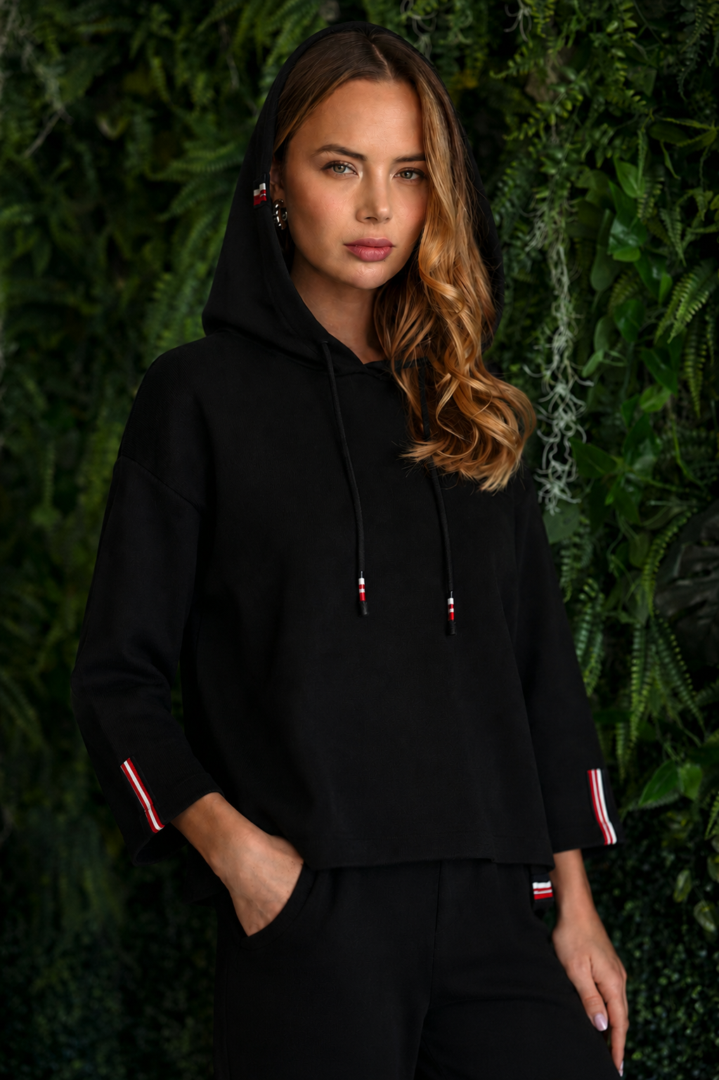 Khloe Knit Crepe Hoodie Top with Contrast Stripes