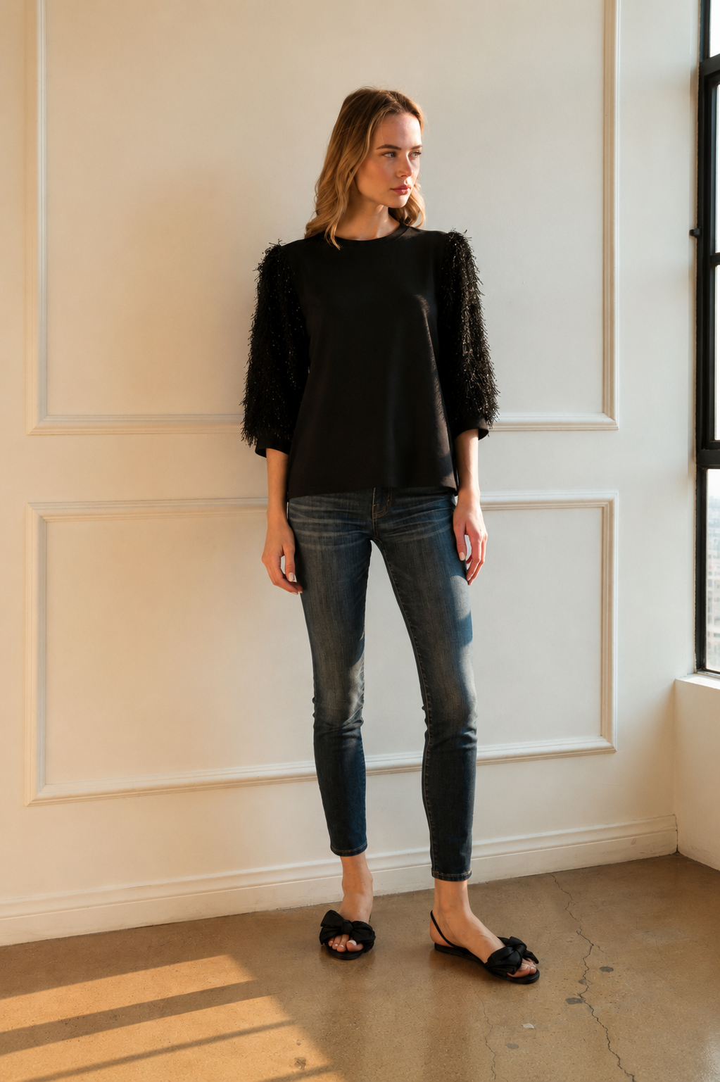Abby Suede Top with Feathered Sleeves