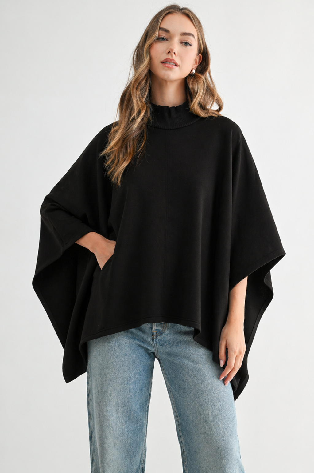 Fergie Stretch French Scuba Poncho with Ribbed Knit Mock Neck