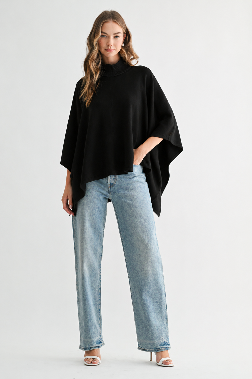 Fergie Stretch French Scuba Poncho with Ribbed Knit Mock Neck