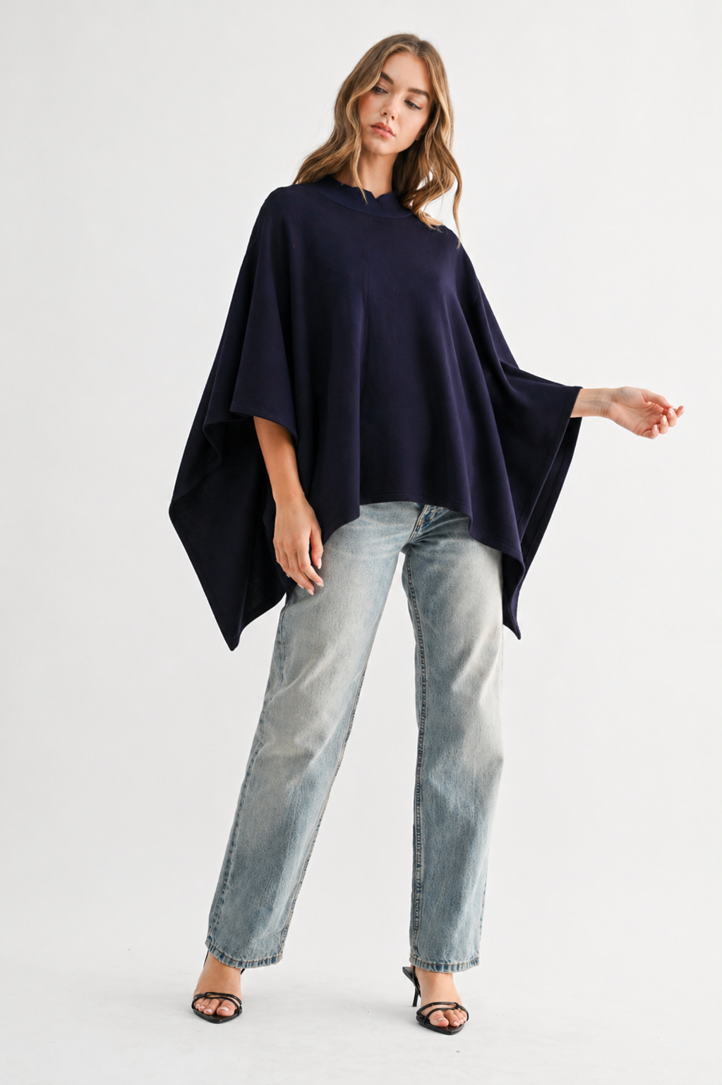 Fergie Stretch French Scuba Poncho with Ribbed Knit Mock Neck