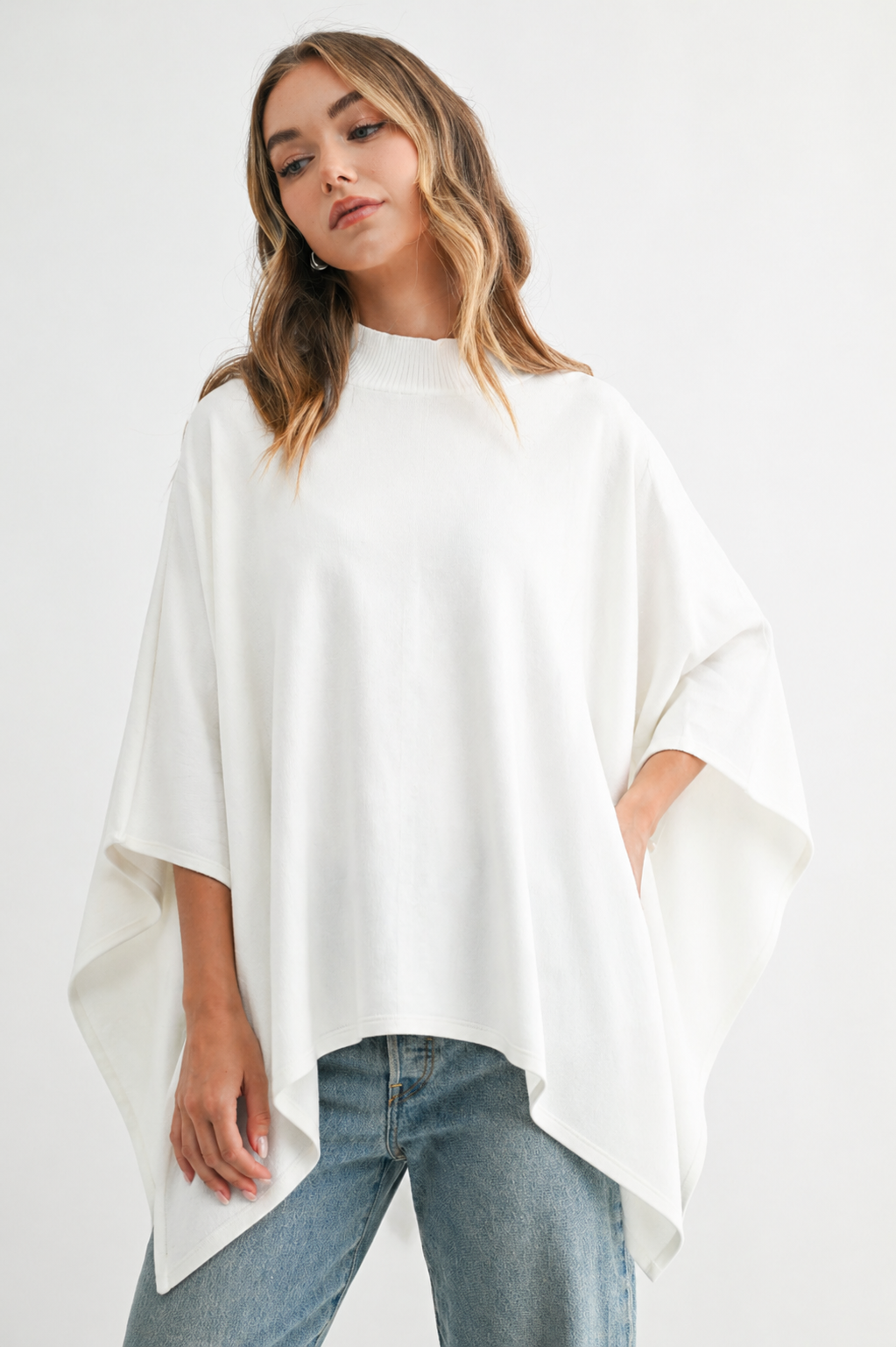 Fergie Stretch French Scuba Poncho with Ribbed Knit Mock Neck