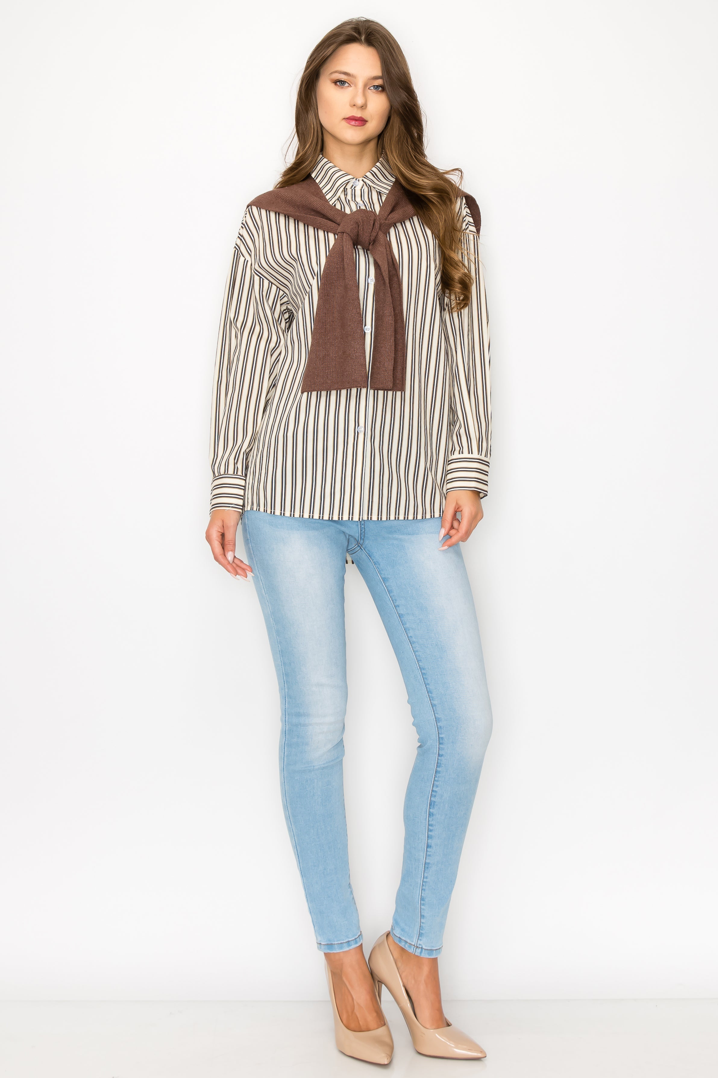 Jaci Cotton Pinstripe Shirt with Knitted Shoulder Sweater
