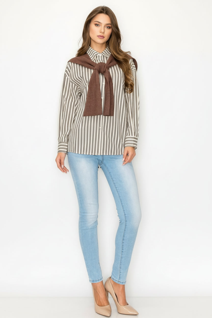 Jaci Cotton Pinstripe Shirt with Knitted Shoulder Sweater
