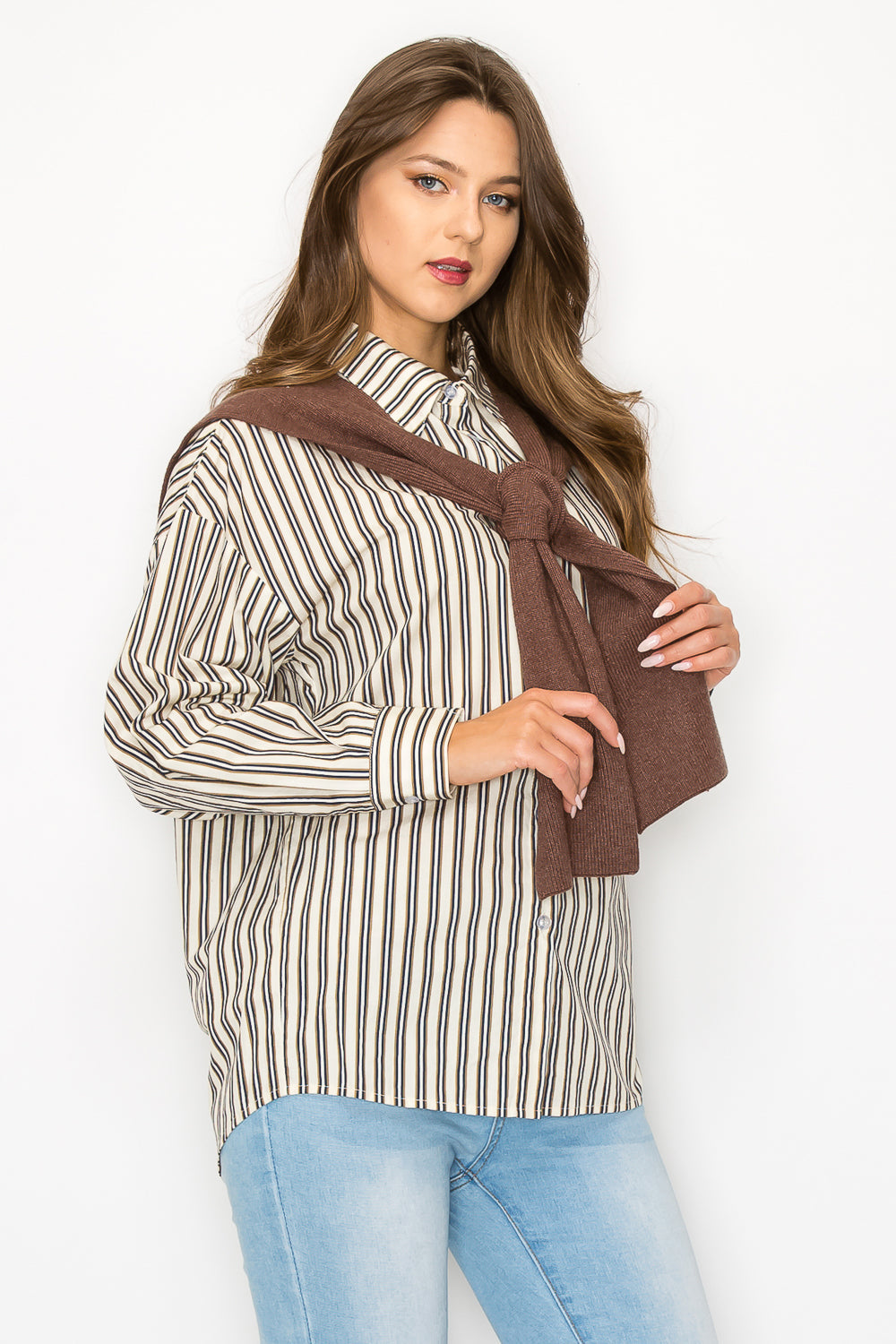 Jaci Cotton Pinstripe Shirt with Knitted Shoulder Sweater