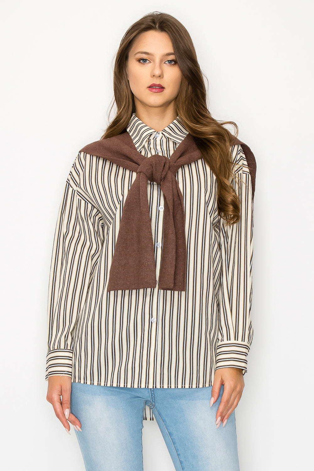 Jaci Cotton Pinstripe Shirt with Knitted Shoulder Sweater