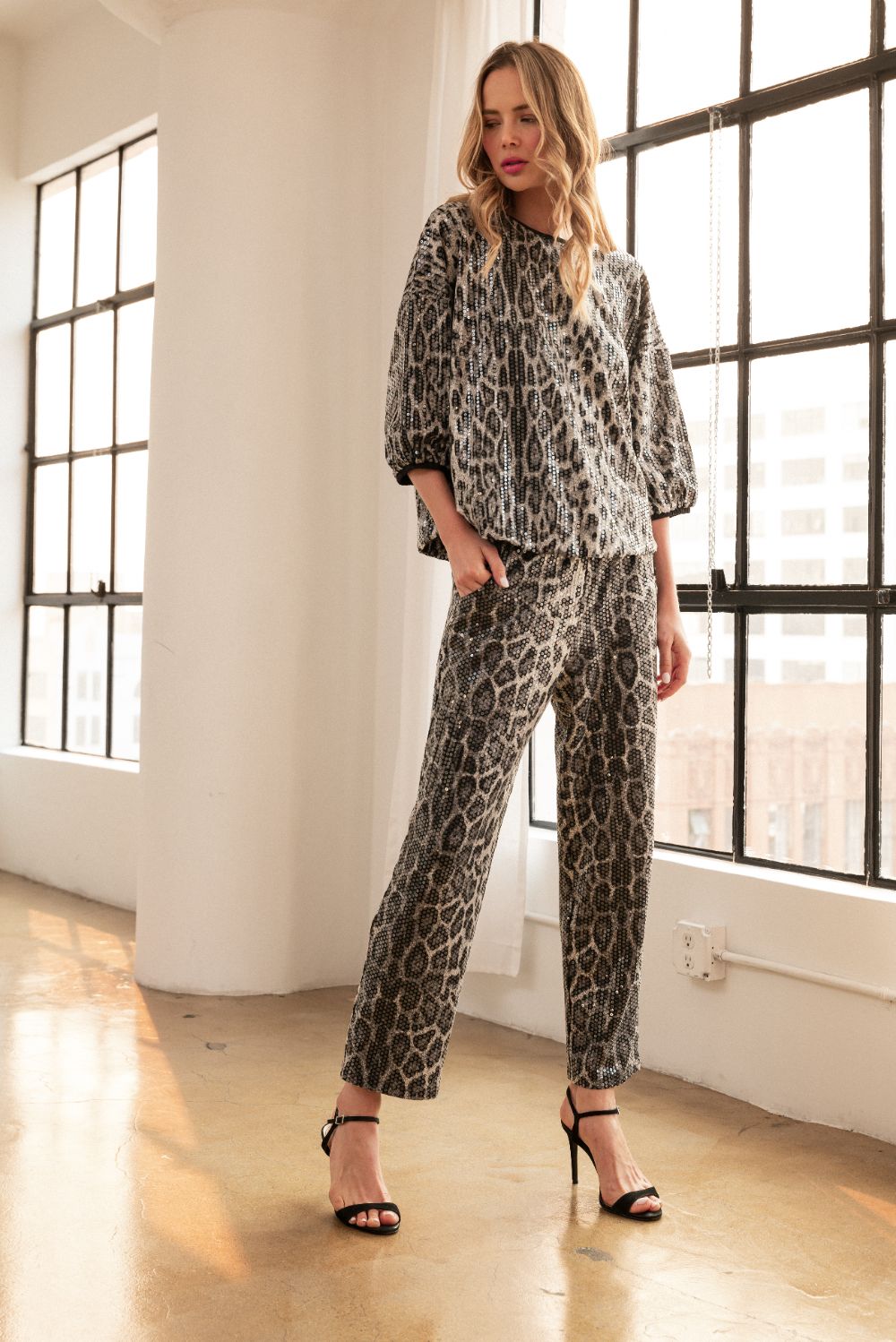Jelica Sequin Animal Print Top