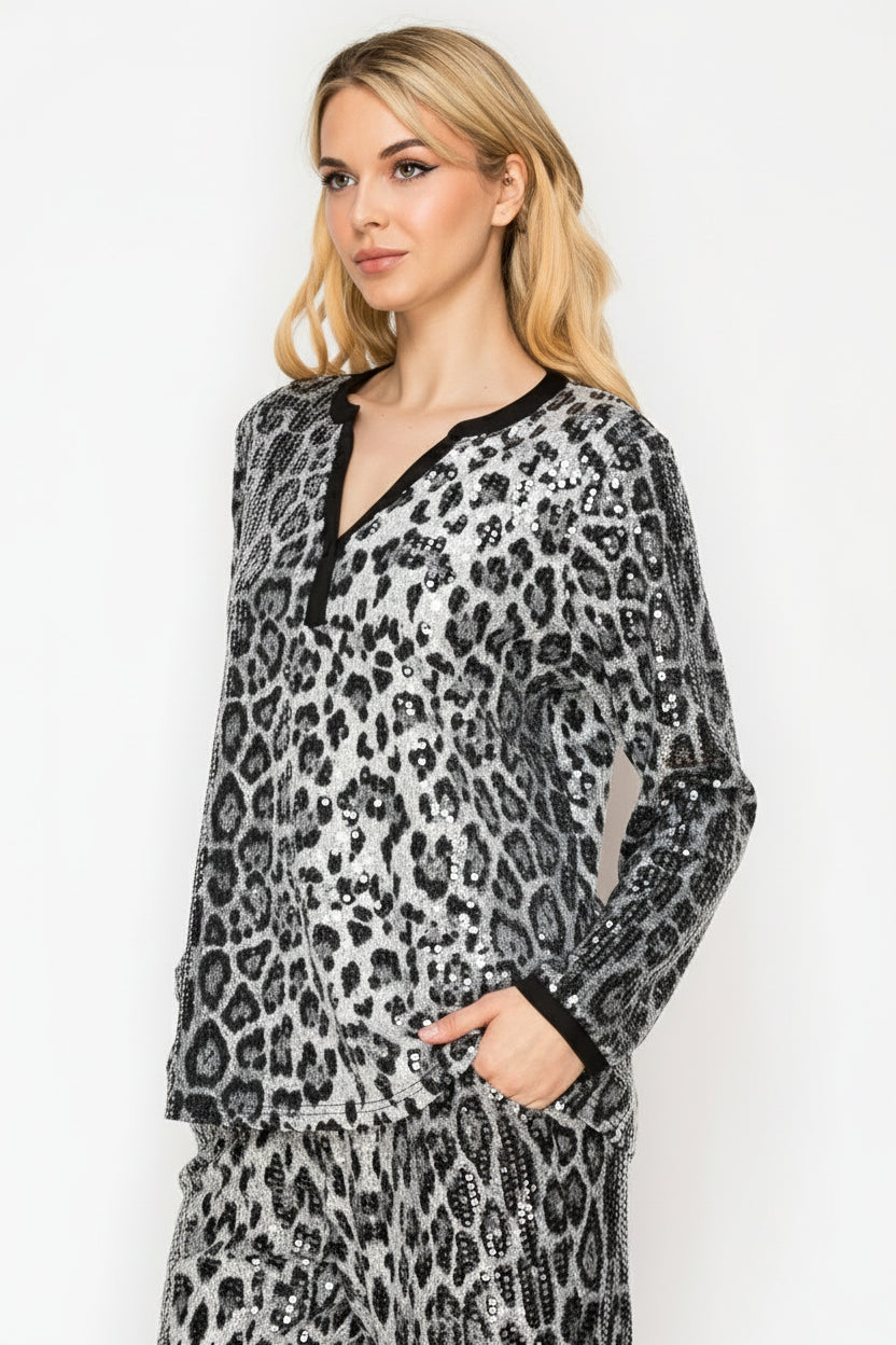 Jaeda Sequin Animal Print Top