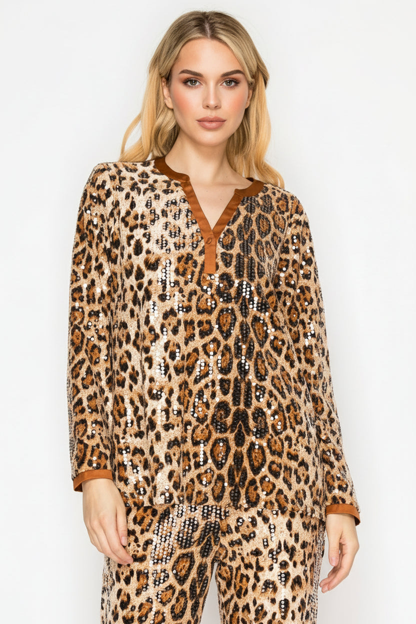 Jaeda Sequin Animal Print Top