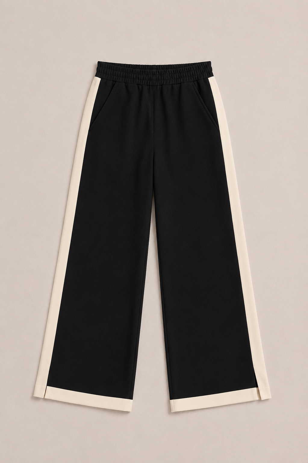 Kristopher black and cream contrast stripe wide-leg pants flat lay