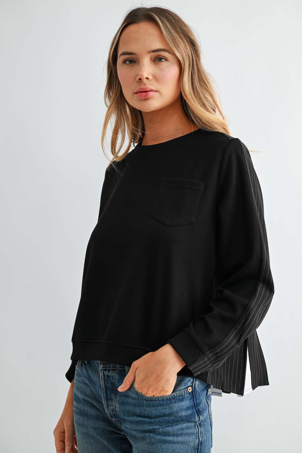 Karter Pinstripe Pleated Back Top