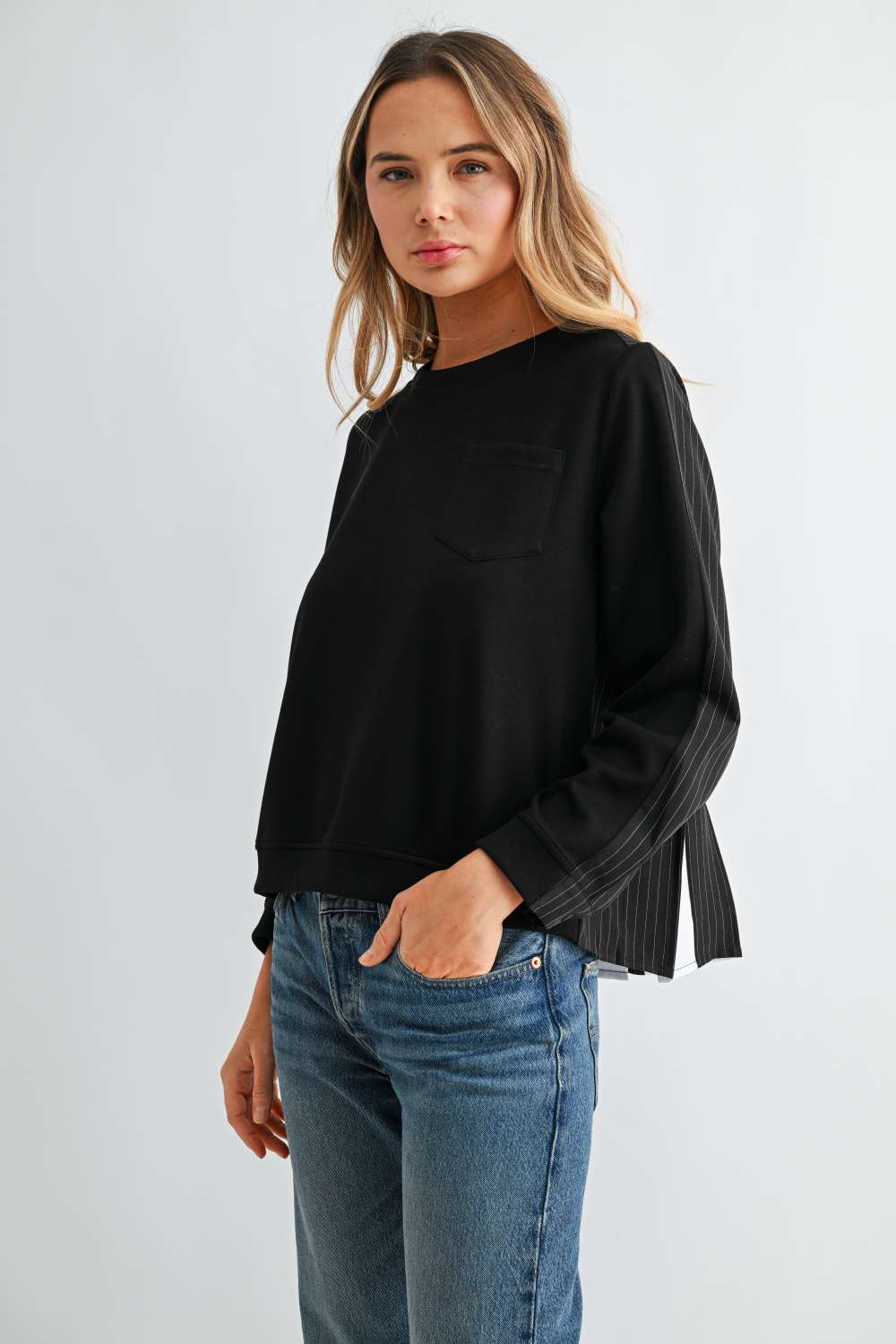 Karter Pinstripe Pleated Back Top