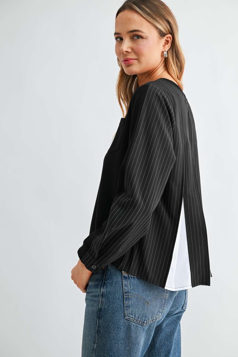 Karter Pinstripe Pleated Back Top