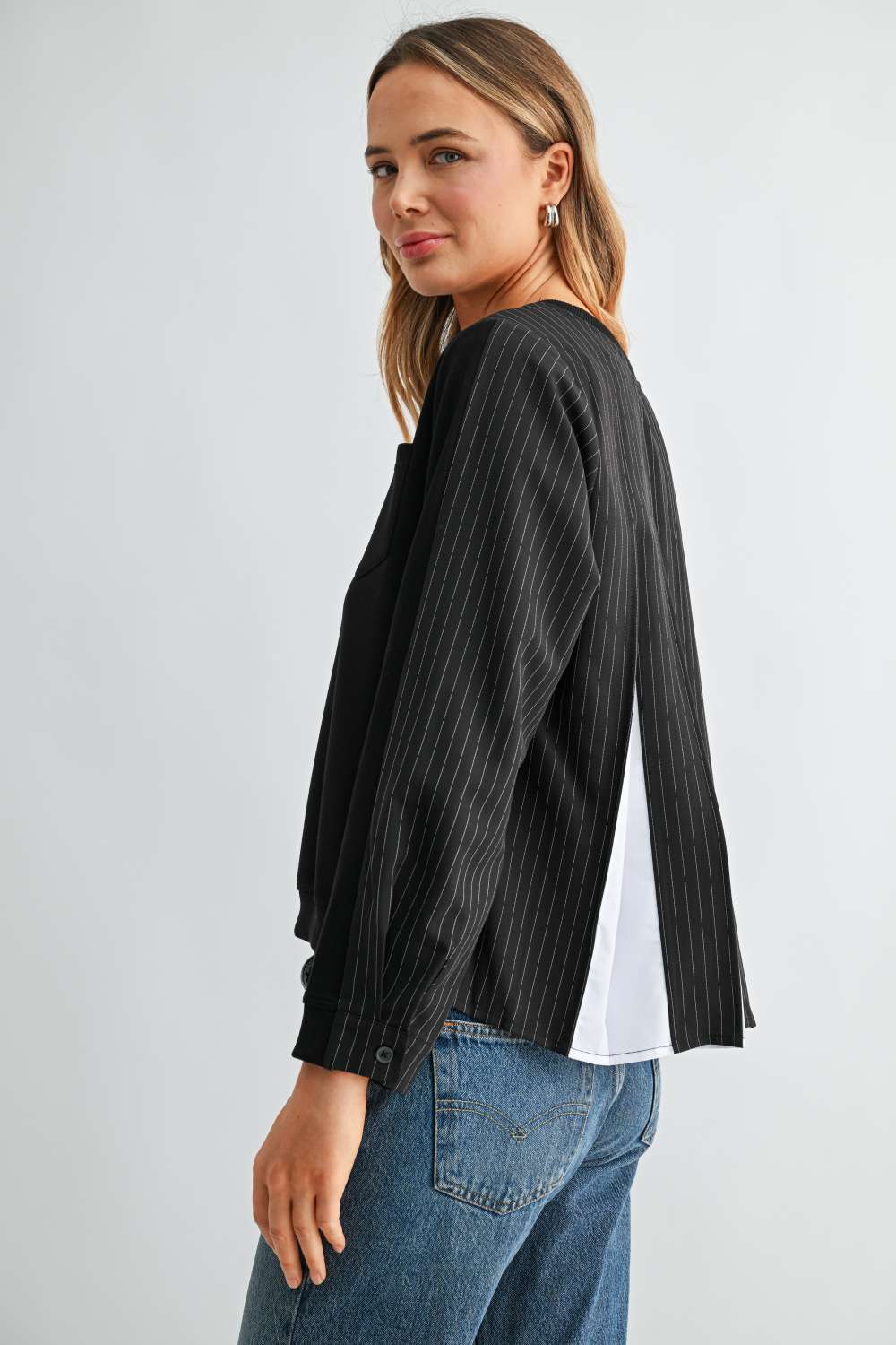 Karter Pinstripe Pleated Back Top