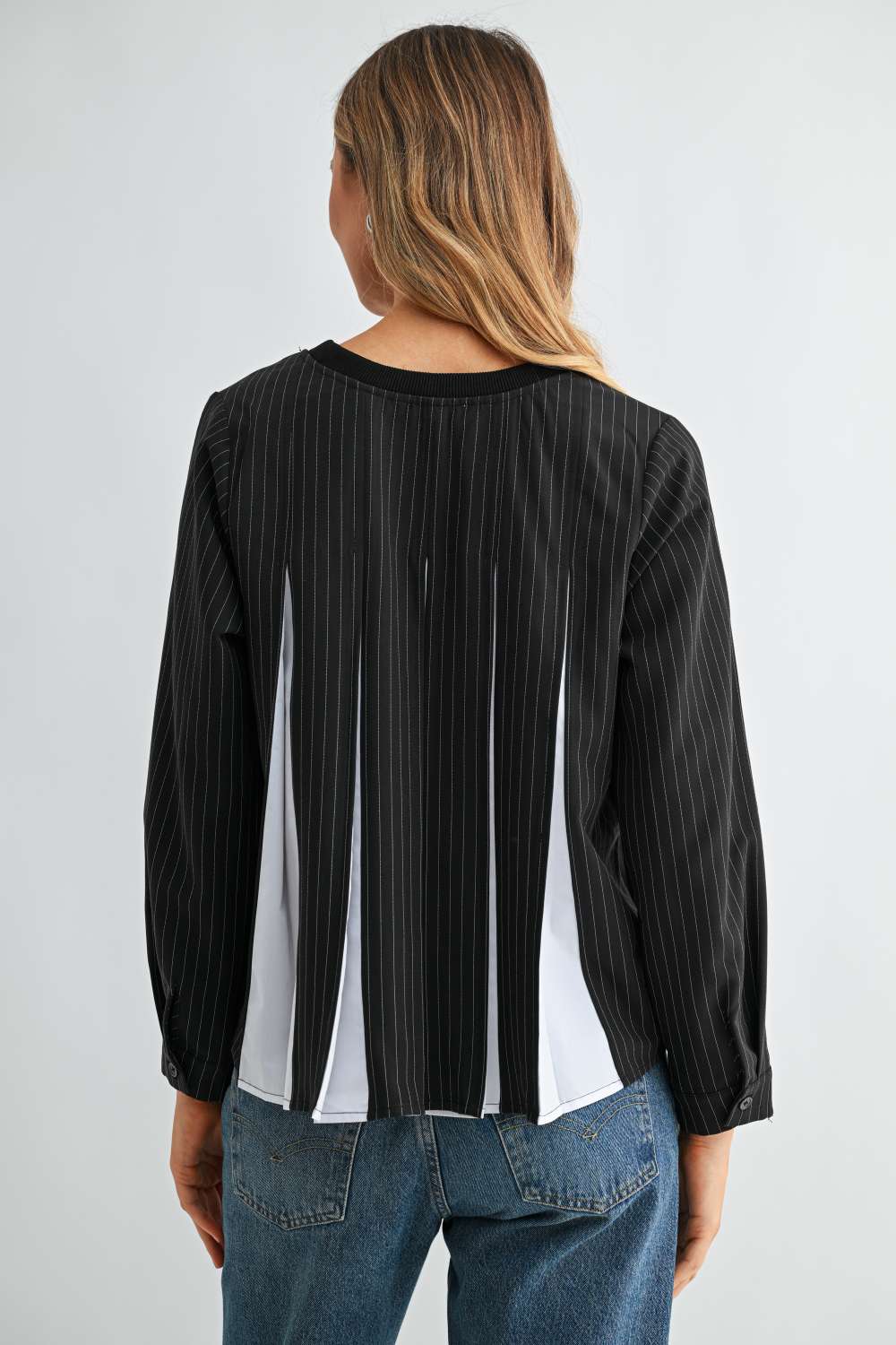 Karter Pinstripe Pleated Back Top