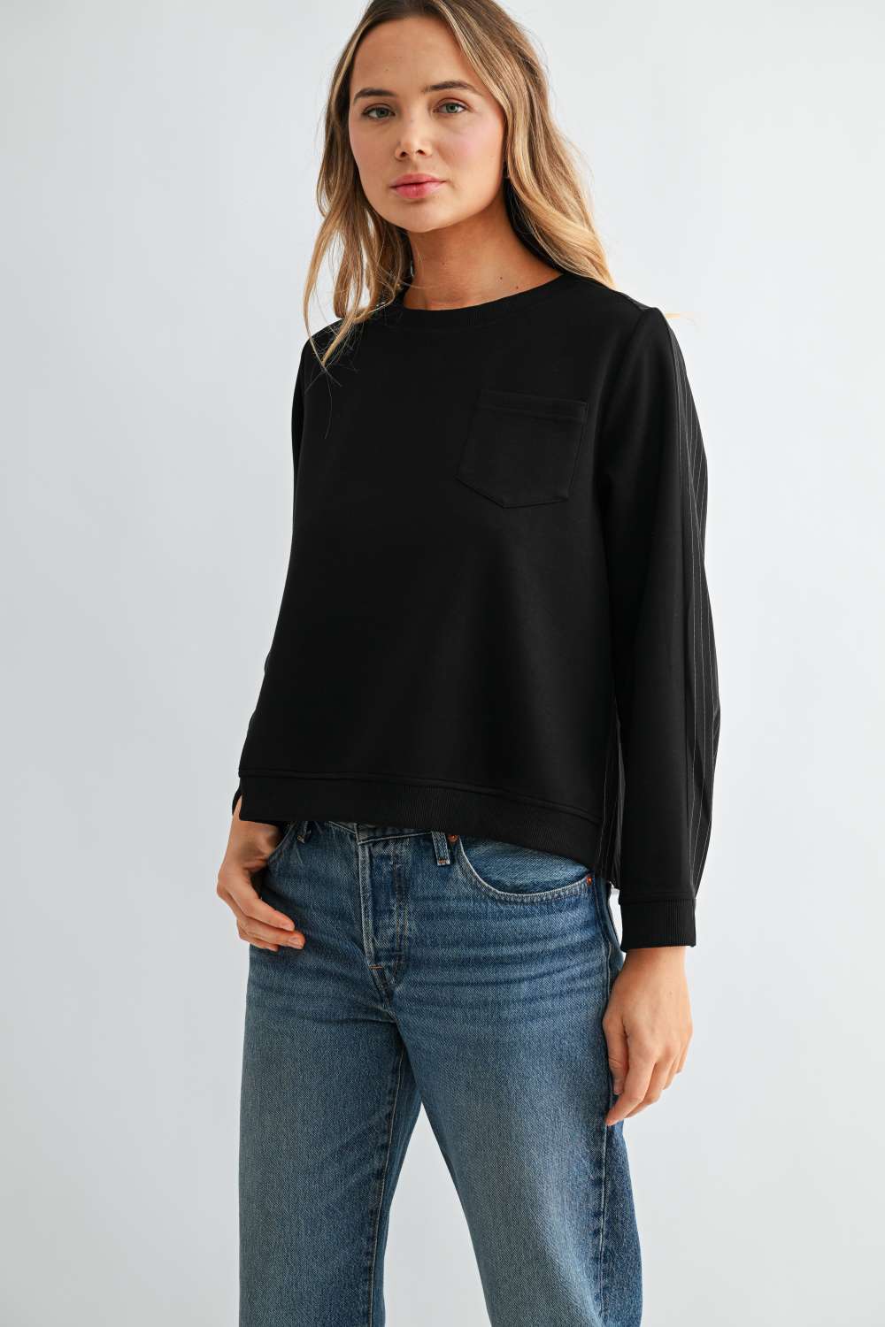 Karter Pinstripe Pleated Back Top