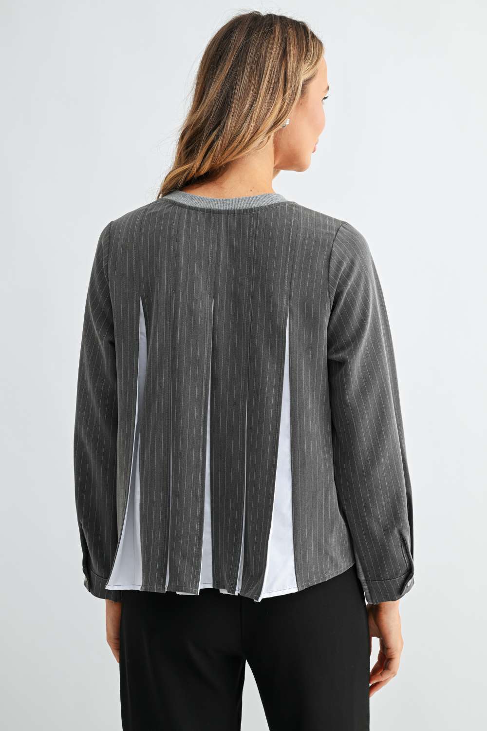 Karter Pinstripe Pleated Back Top