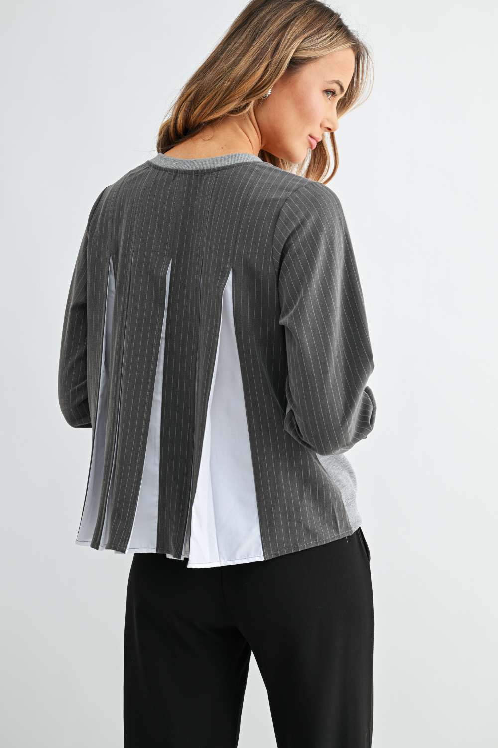 Karter Pinstripe Pleated Back Top