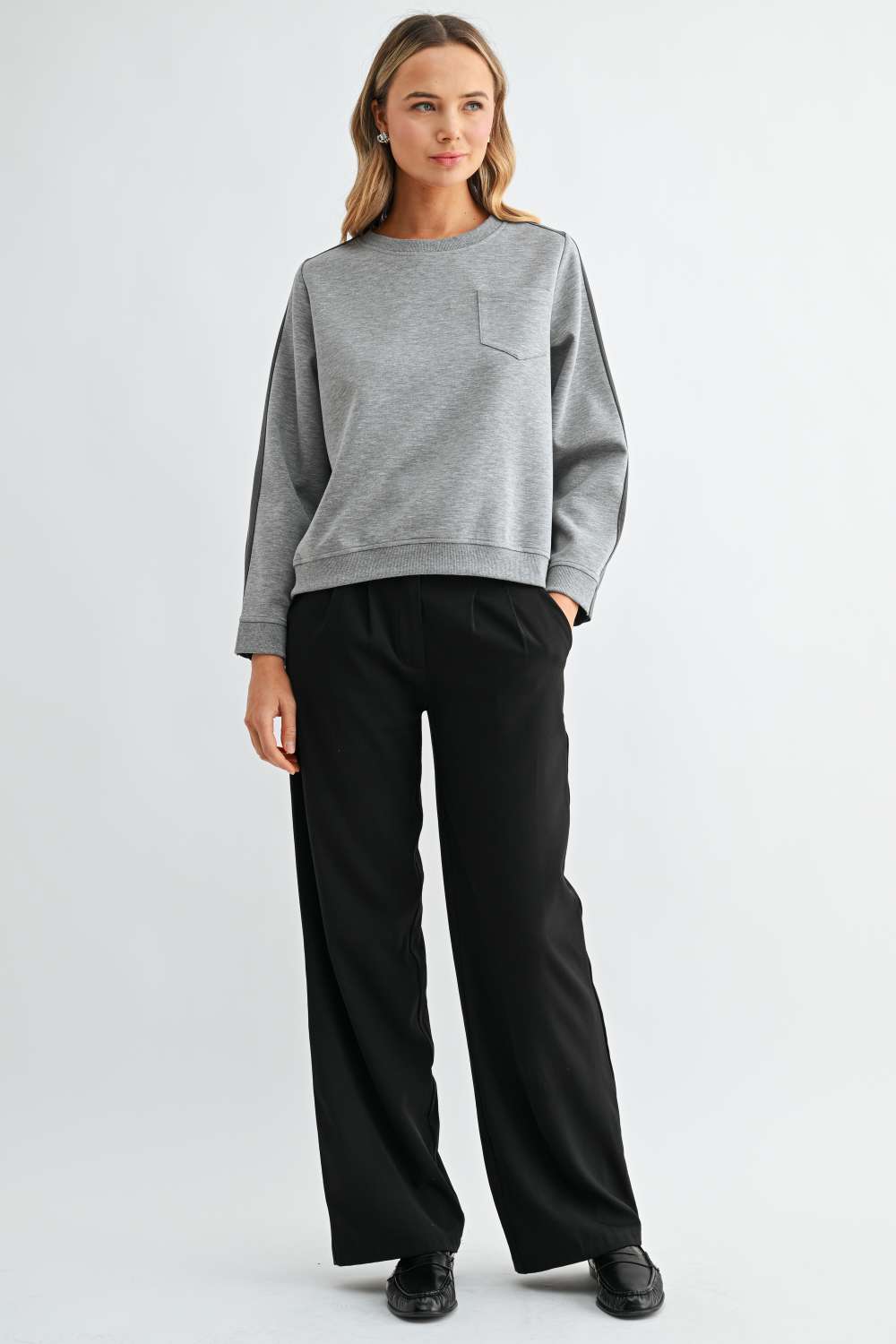 Karter Pinstripe Pleated Back Top