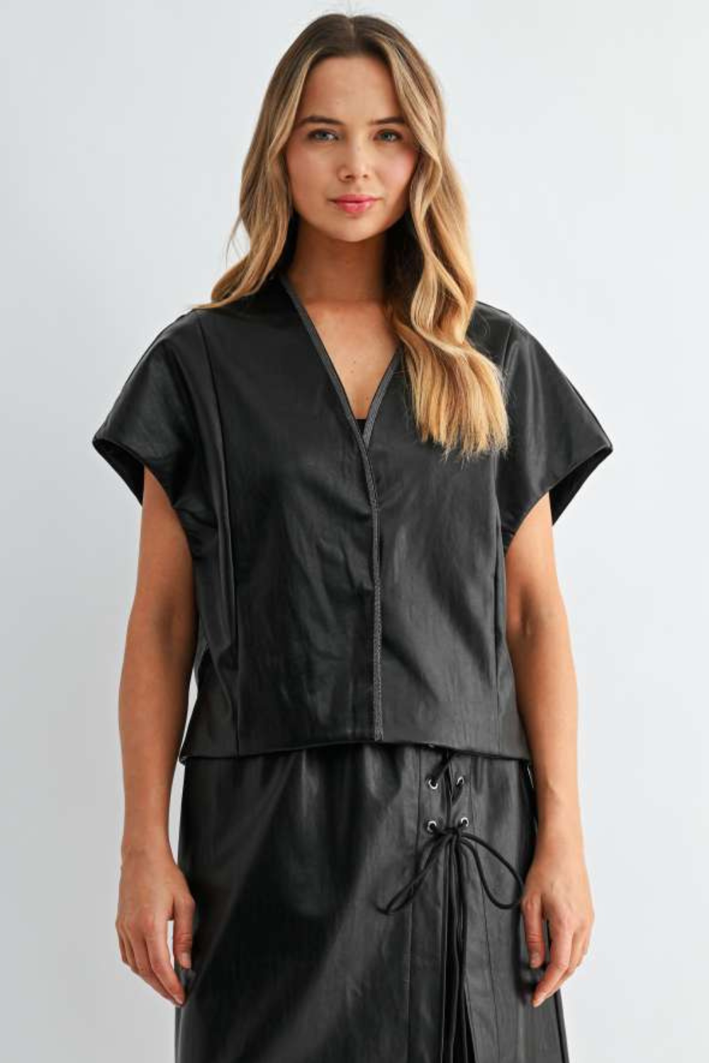 Shawn Leather Vest Jacket with Beading Trim