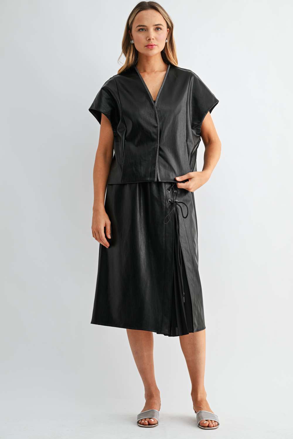 Shawn Leather Vest Jacket with Beading Trim