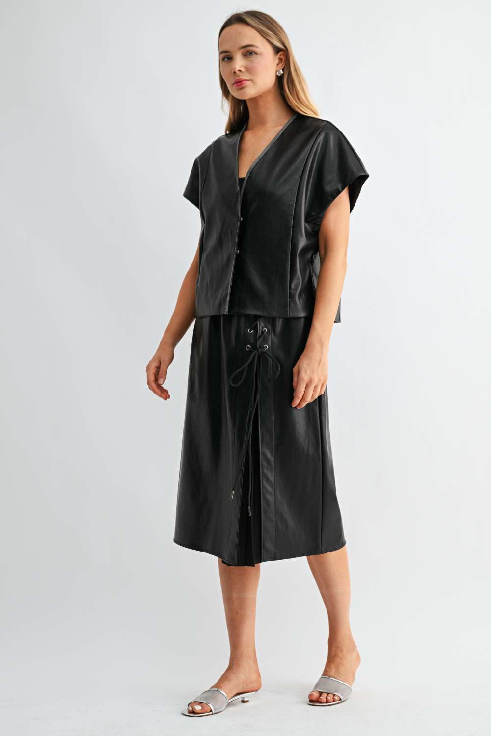 Shawn Leather Vest Jacket with Beading Trim