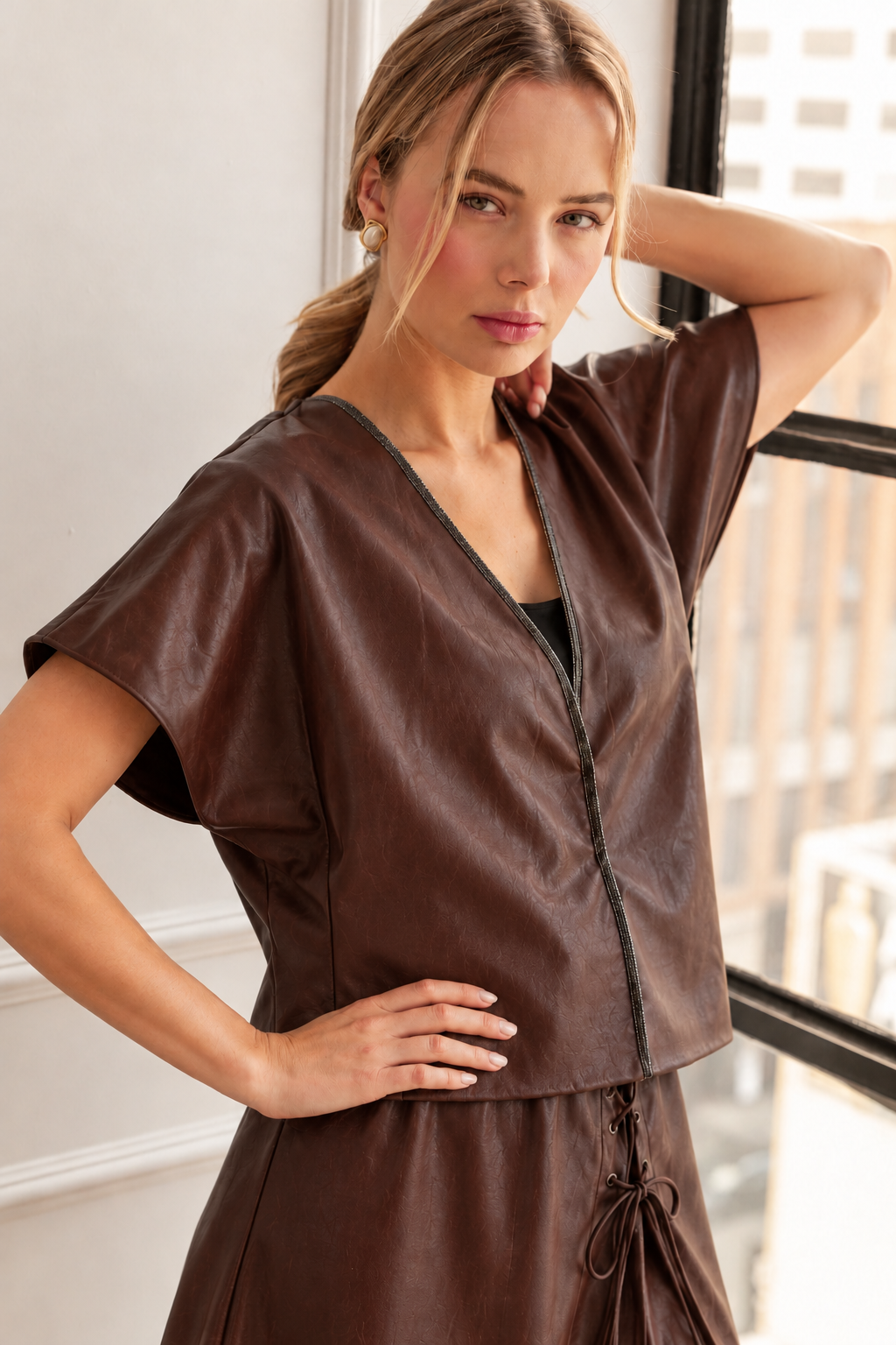 Shawn Leather Vest Jacket with Beading Trim