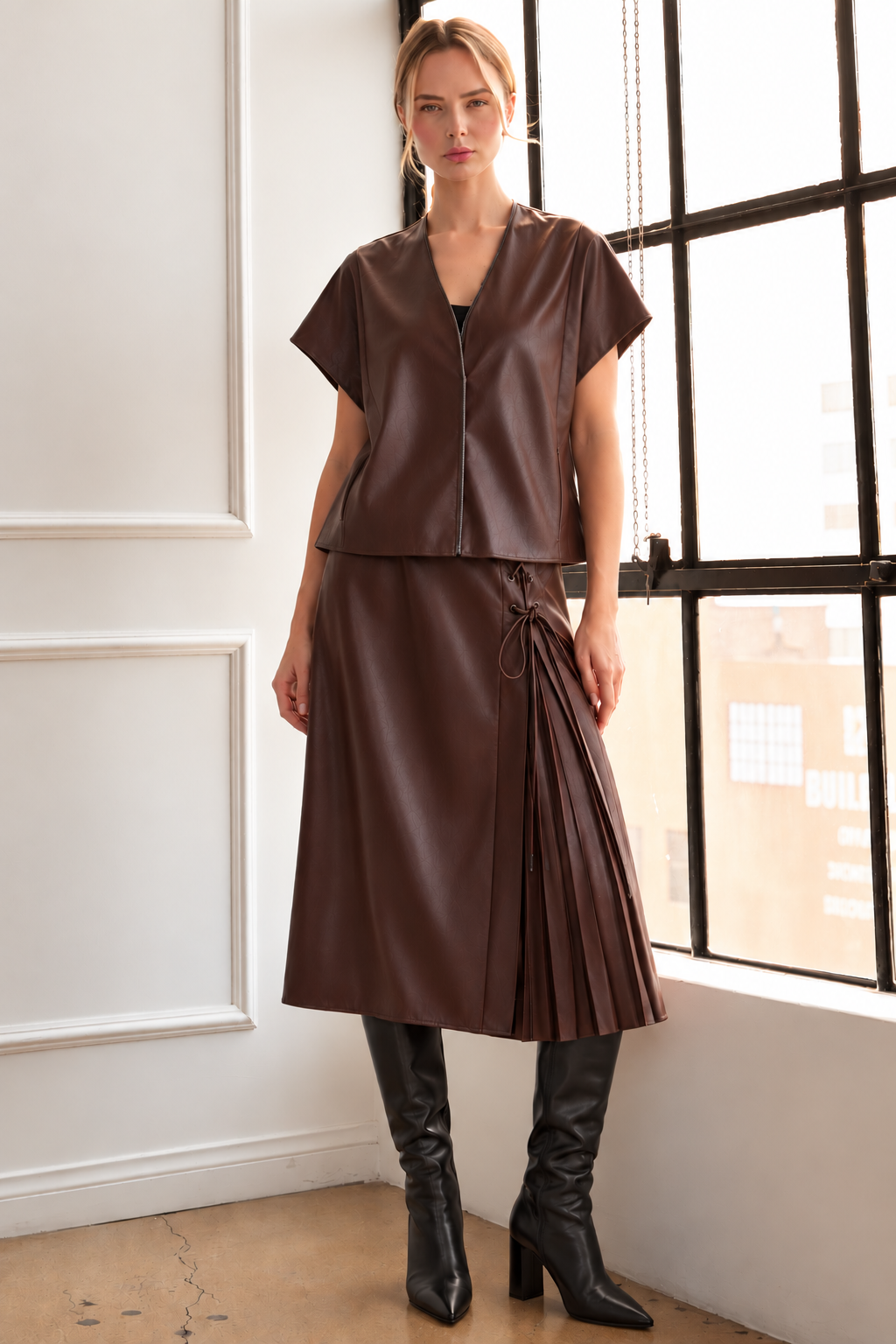 Shawn Leather Vest Jacket with Beading Trim