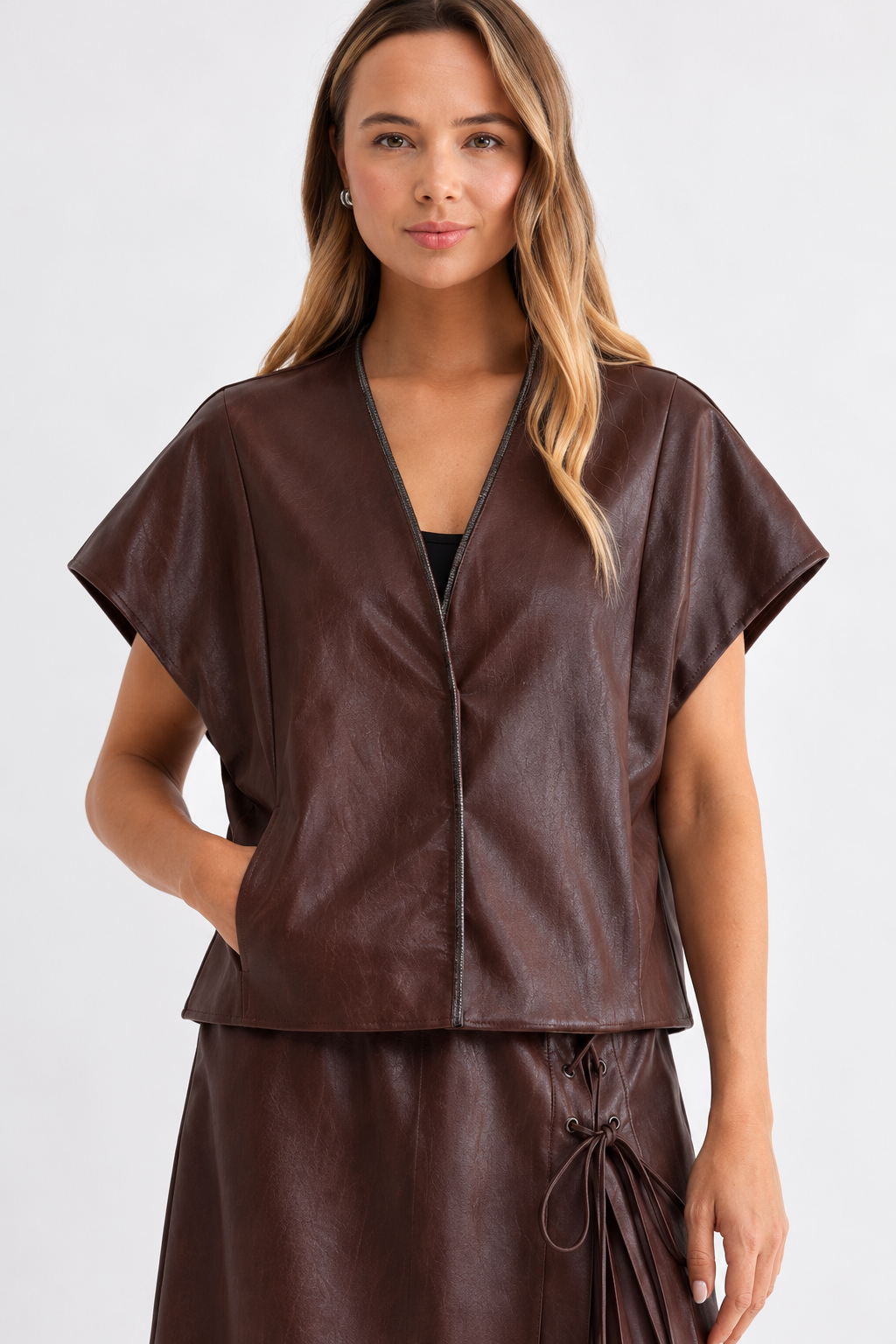 Shawn Leather Vest Jacket with Beading Trim