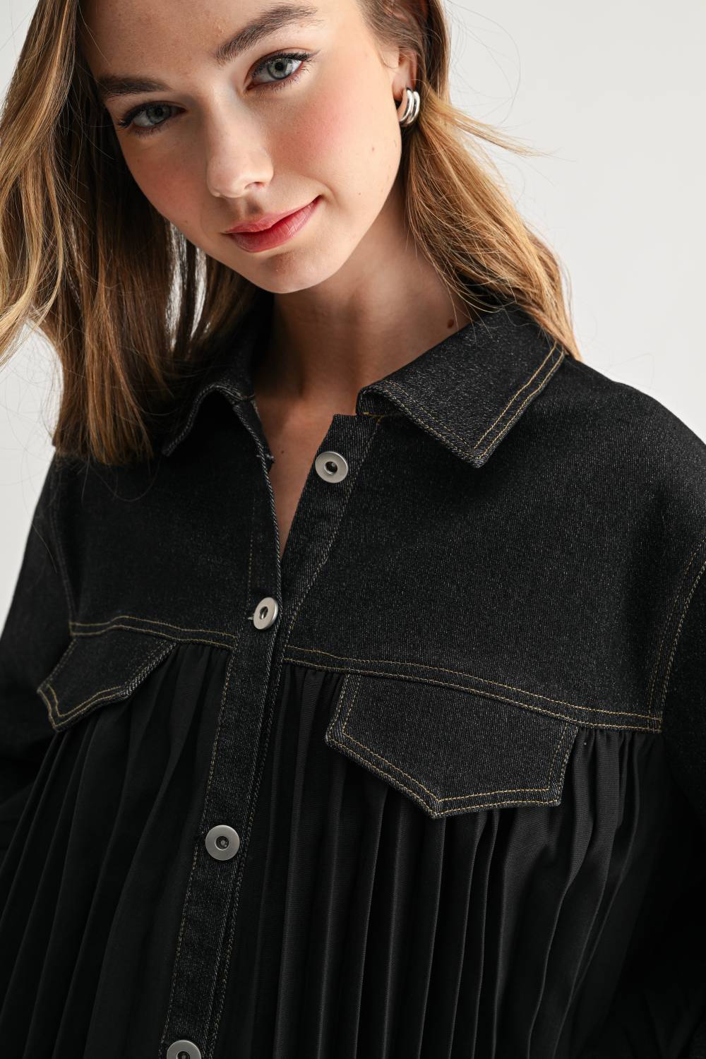 Deborah Denim Pleated Top