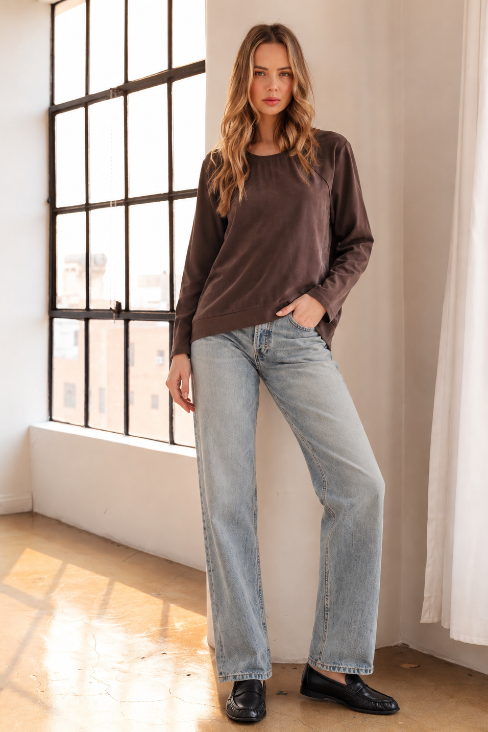 Kate Woven Top with Stretch Knit Sleeves