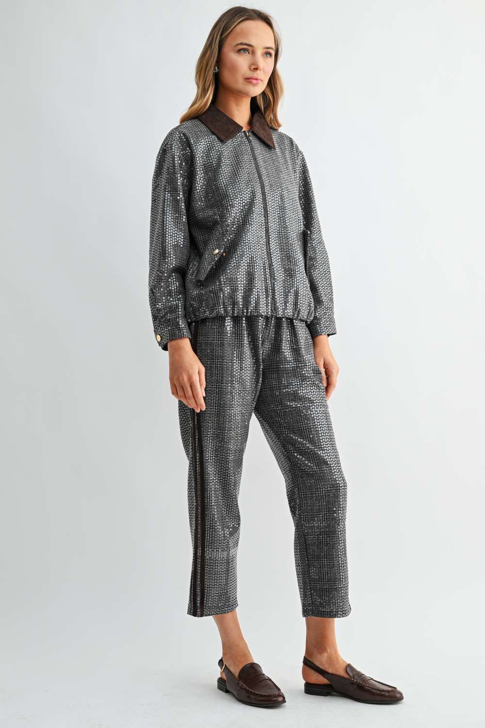 Catelyn Sequin Plaid Pull-On Ankle Pants
