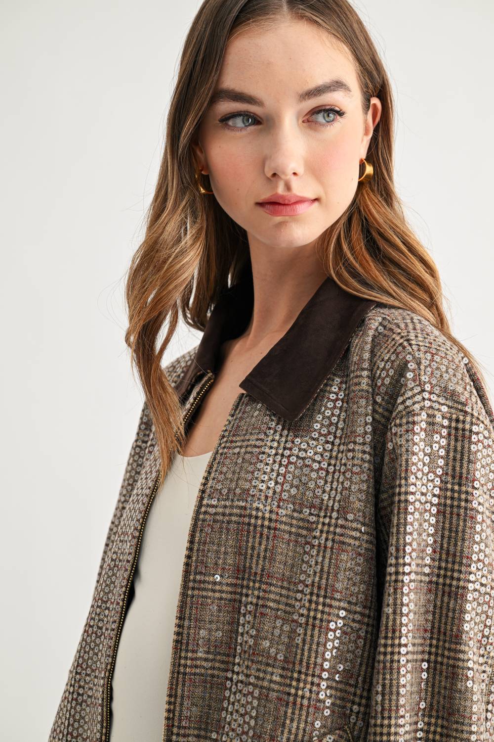 Jezel Sequin Plaid Zip-Up Jacket