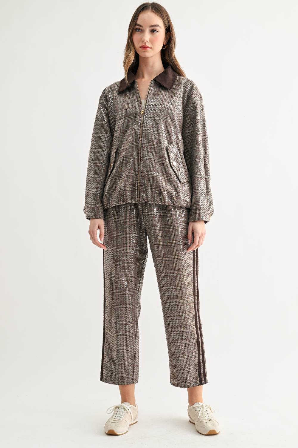 Catelyn Sequin Plaid Pull-On Ankle Pants