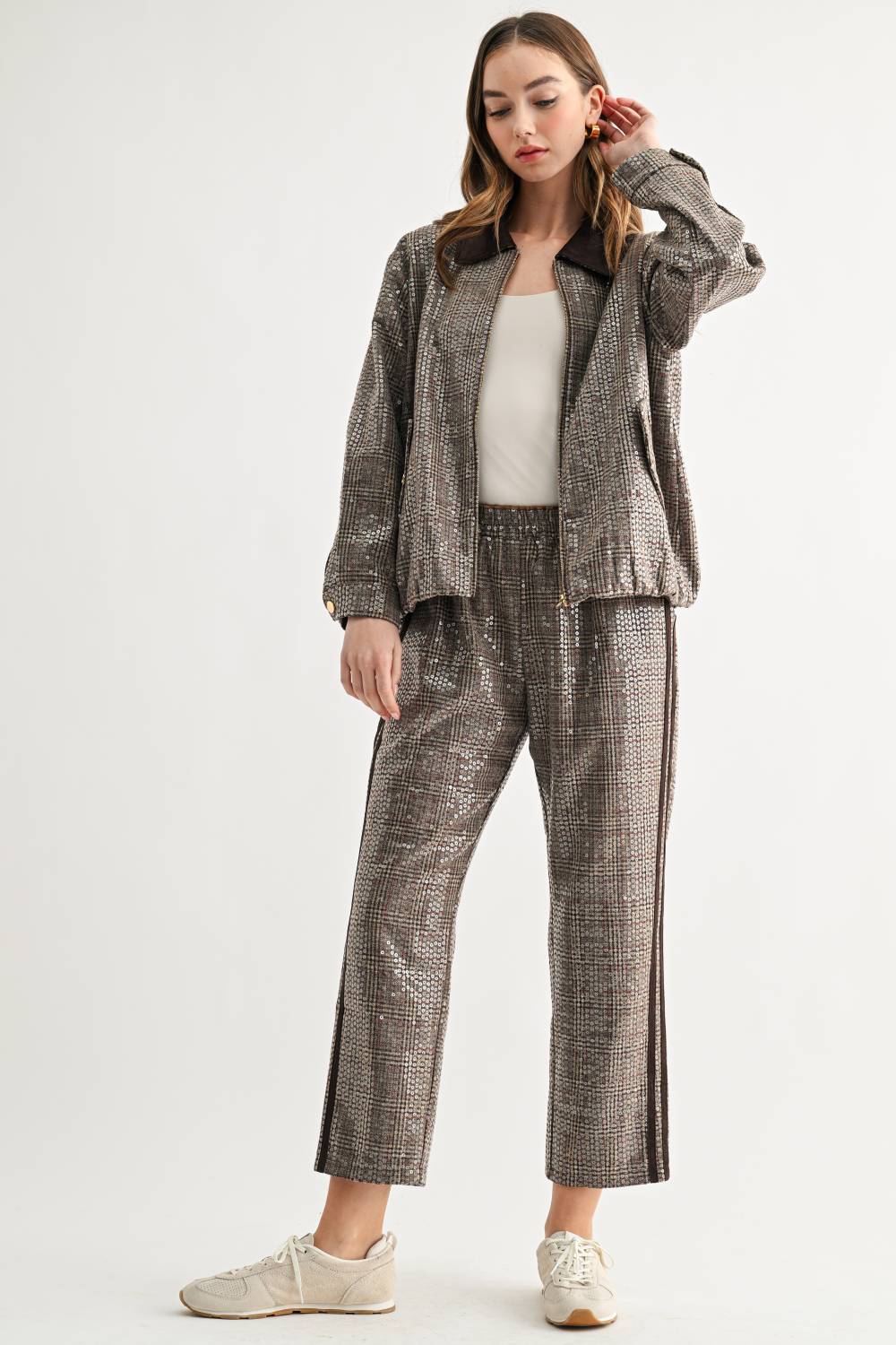 Catelyn Sequin Plaid Pull-On Ankle Pants