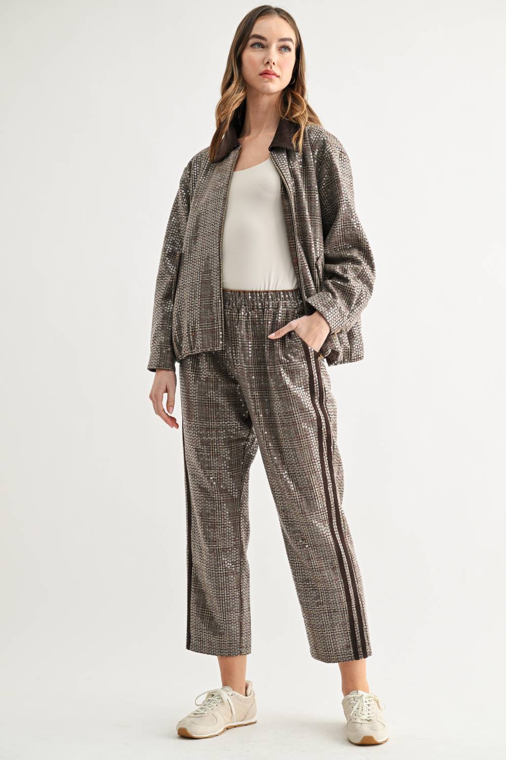 Catelyn Sequin Plaid Pull-On Ankle Pants