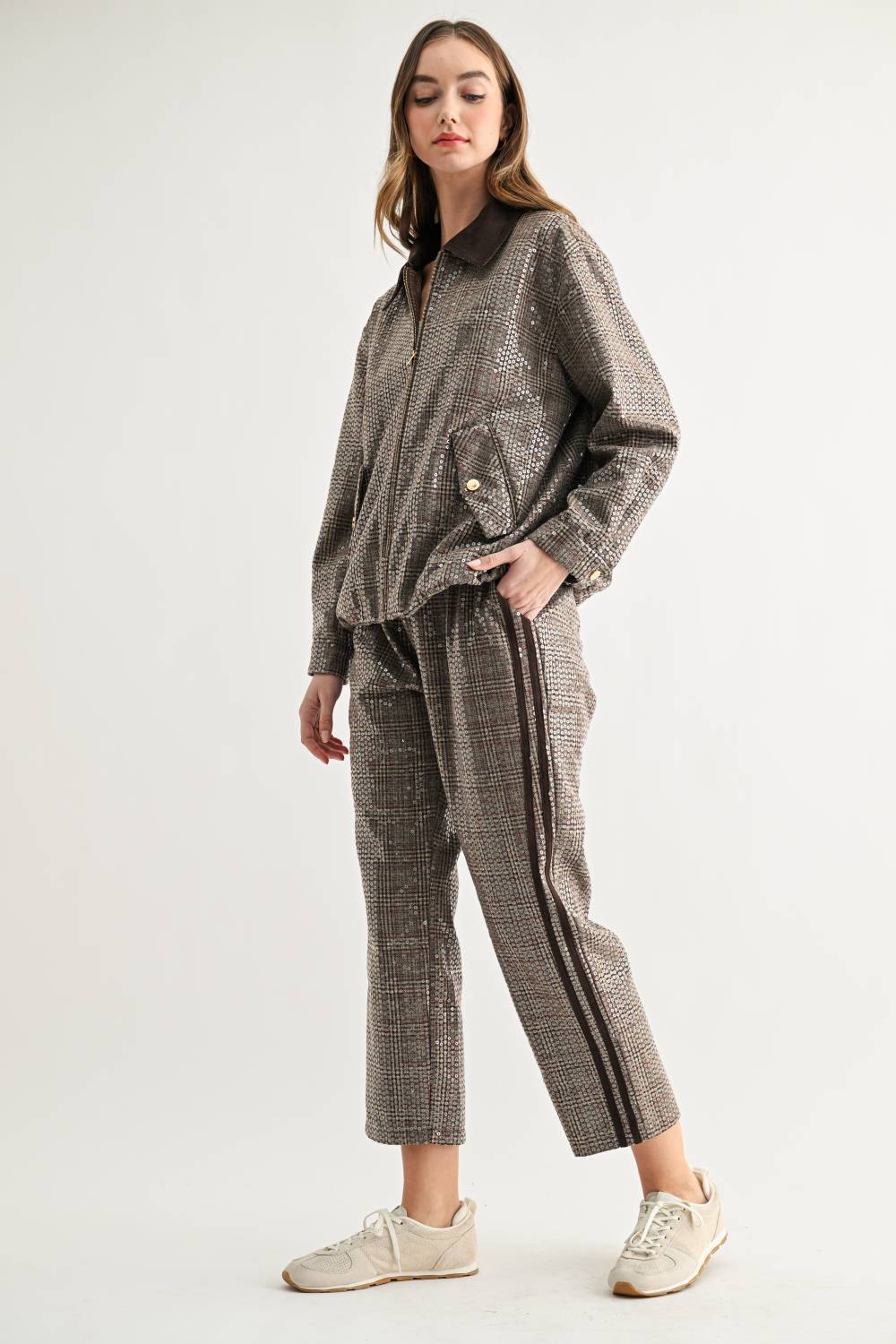 Catelyn Sequin Plaid Pull-On Ankle Pants