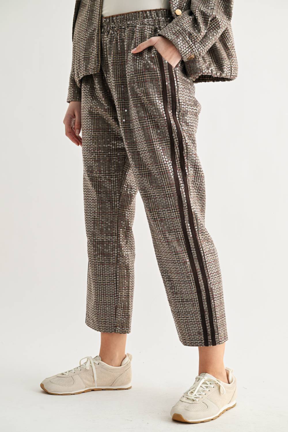 Catelyn Sequin Plaid Pull-On Ankle Pants