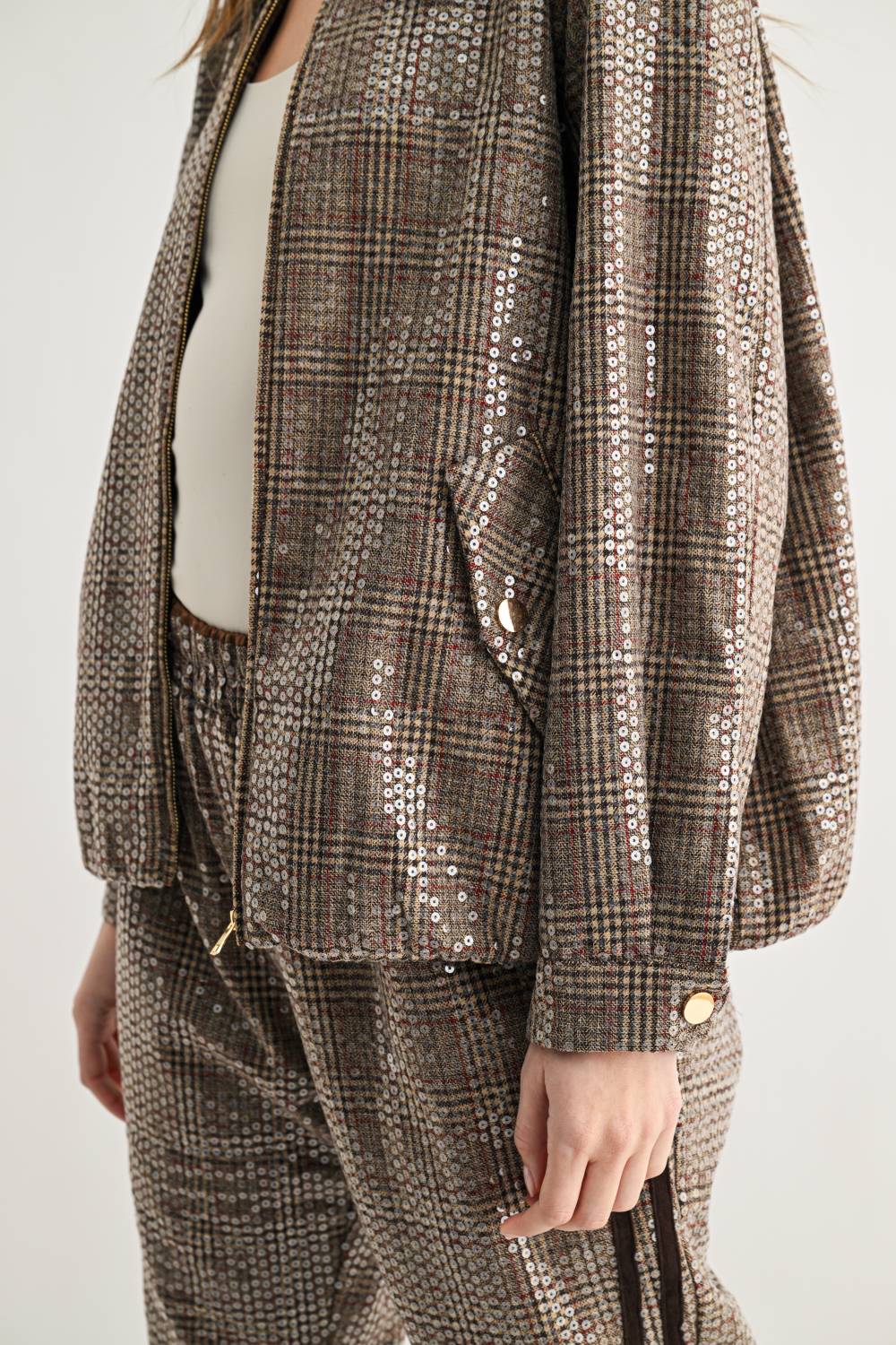 Jezel Sequin Plaid Zip-Up Jacket