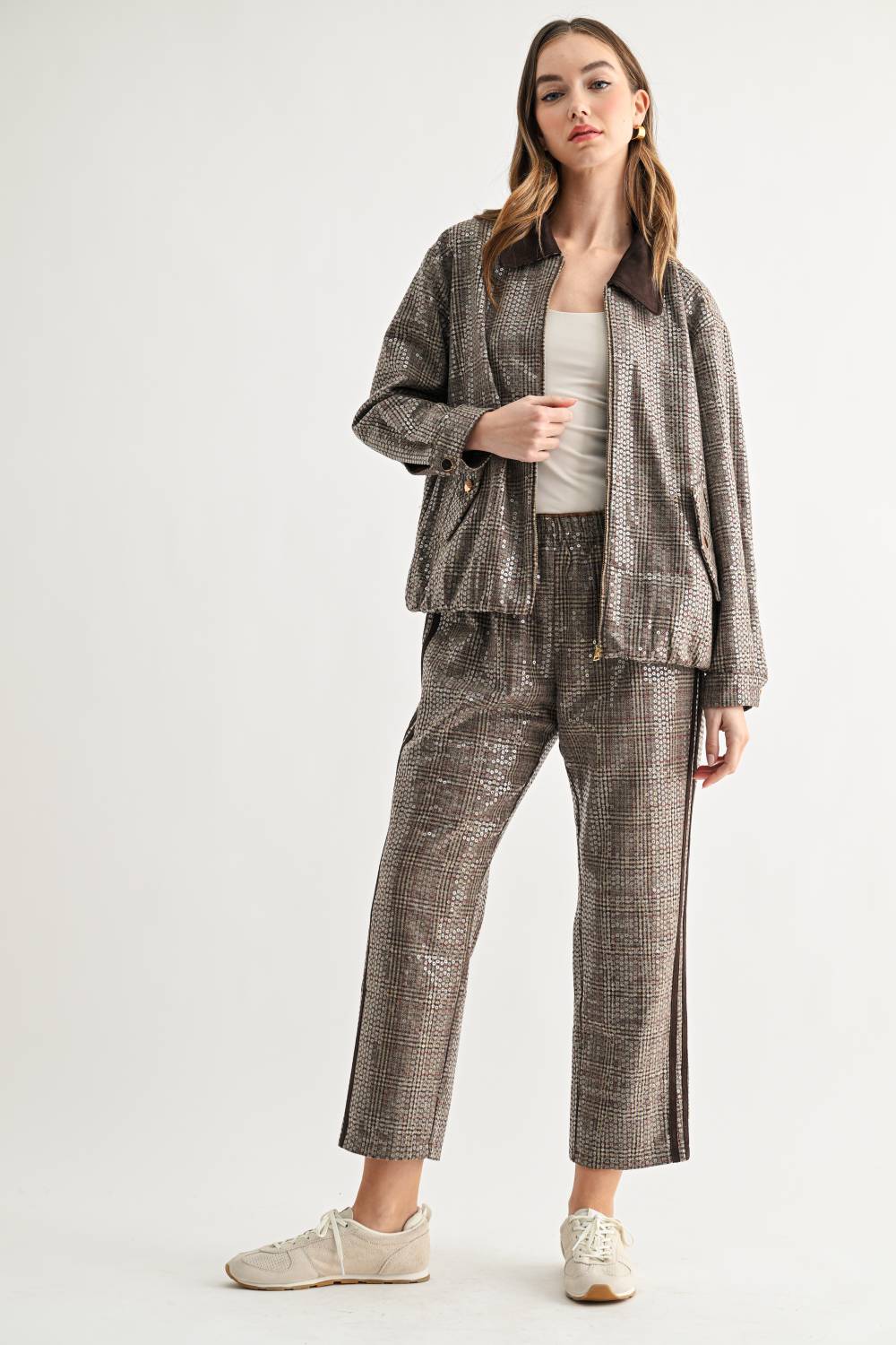 Catelyn Sequin Plaid Pull-On Ankle Pants