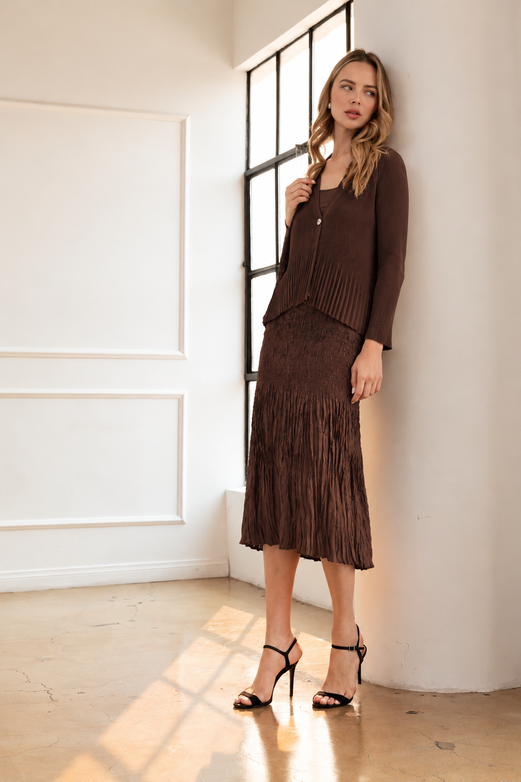 Cira Accordian Pleated Ribbed Top / Cardigan