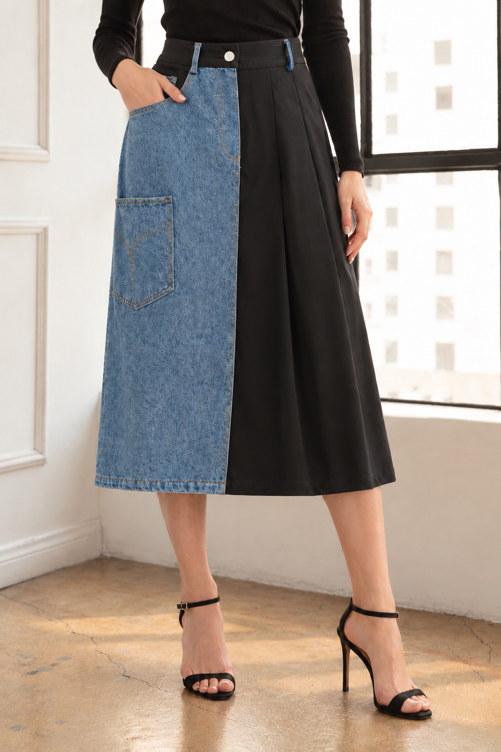 Donna Pleated Skirt with Stonewash Denim