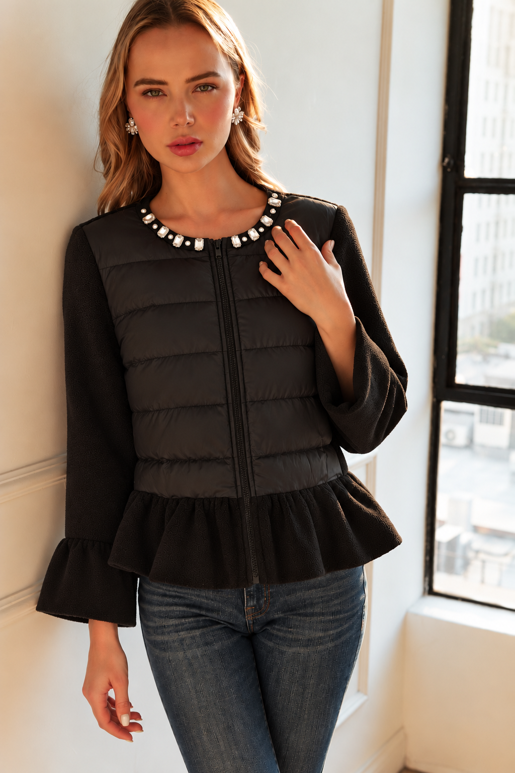 James Peplum Puffer Jacket with Jewel Embellishment