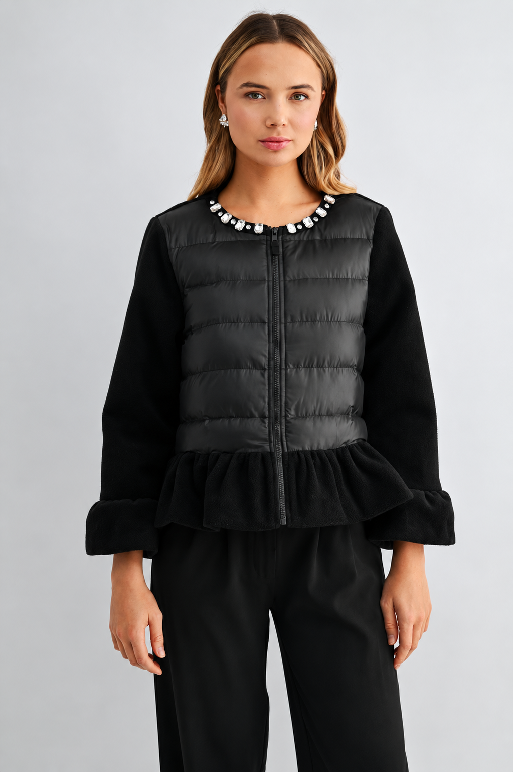 James Peplum Puffer Jacket with Jewel Embellishment
