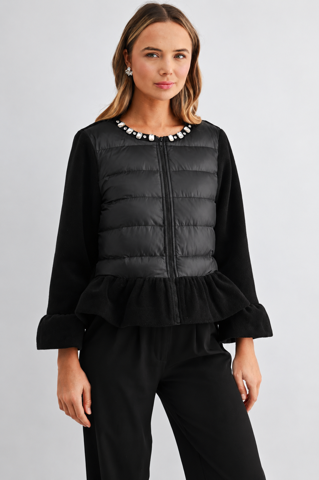 James Peplum Puffer Jacket with Jewel Embellishment