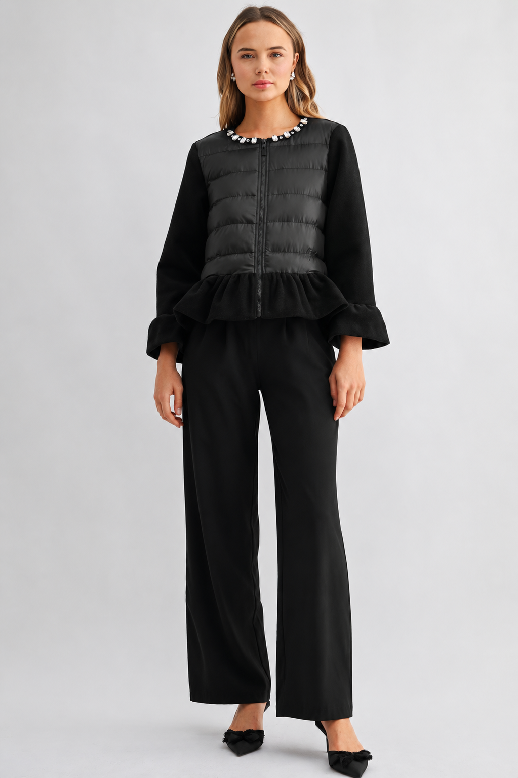 James Peplum Puffer Jacket with Jewel Embellishment