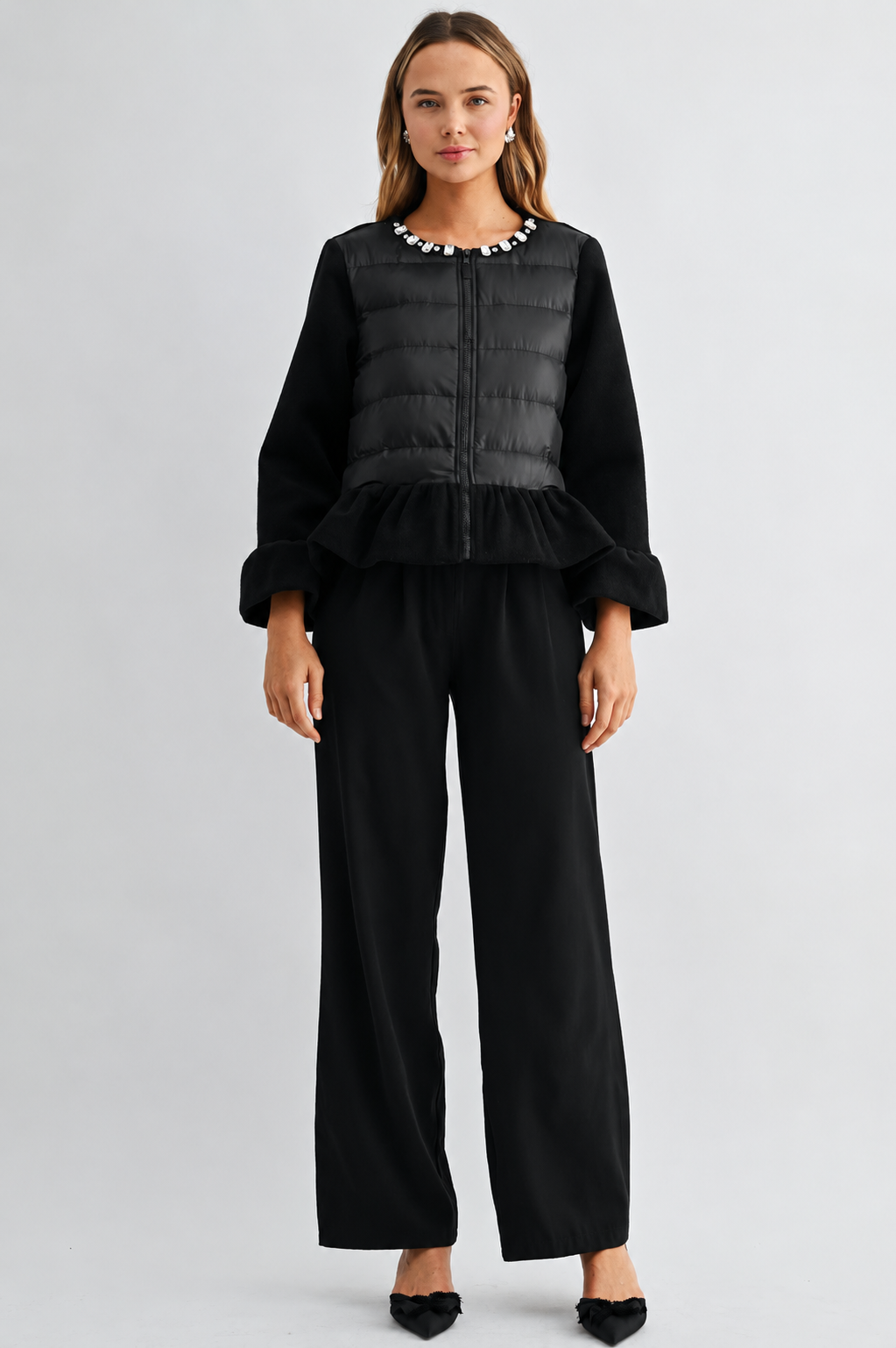 James Peplum Puffer Jacket with Jewel Embellishment