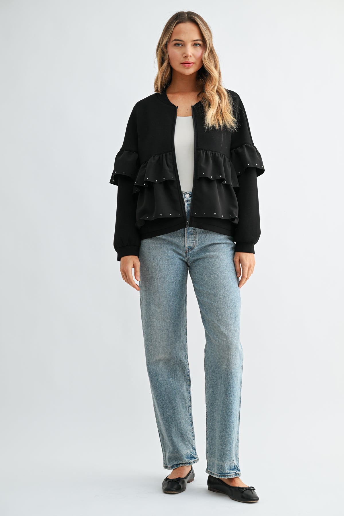 Fenya Stretch French Scuba Ruffle Jacket with Studs